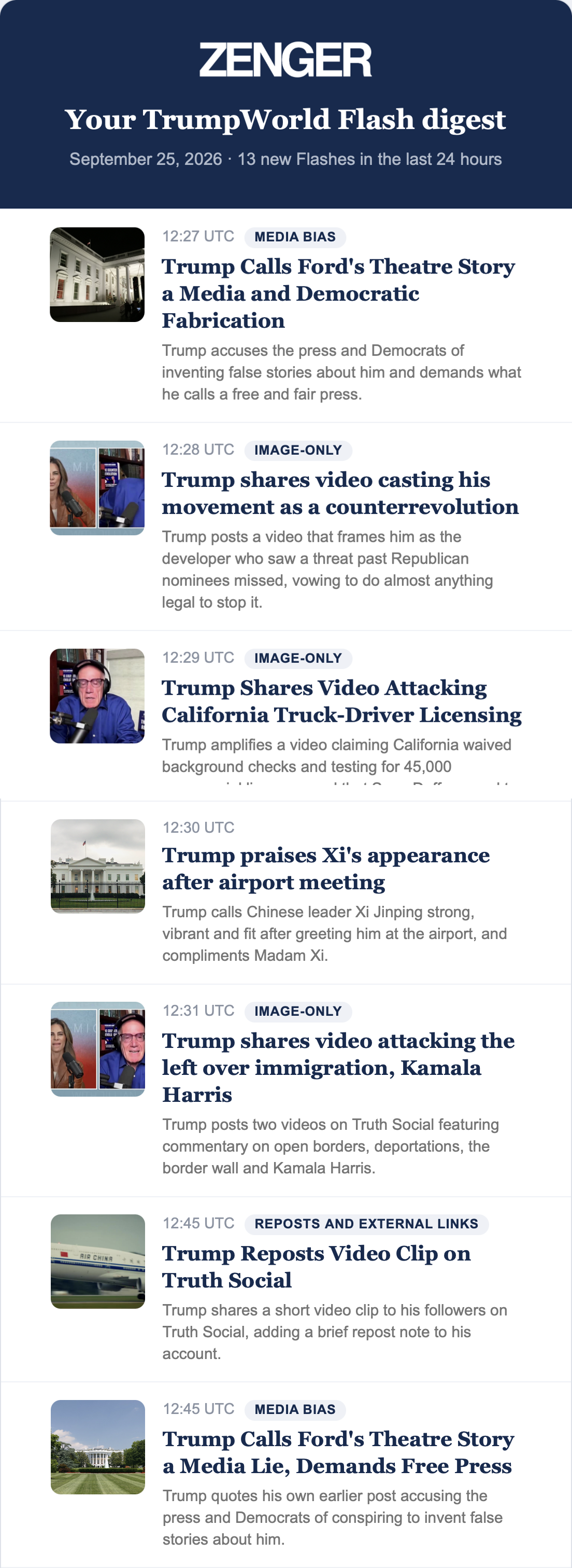 A real TrumpWorld digest email, showing the morning summary and several stories
